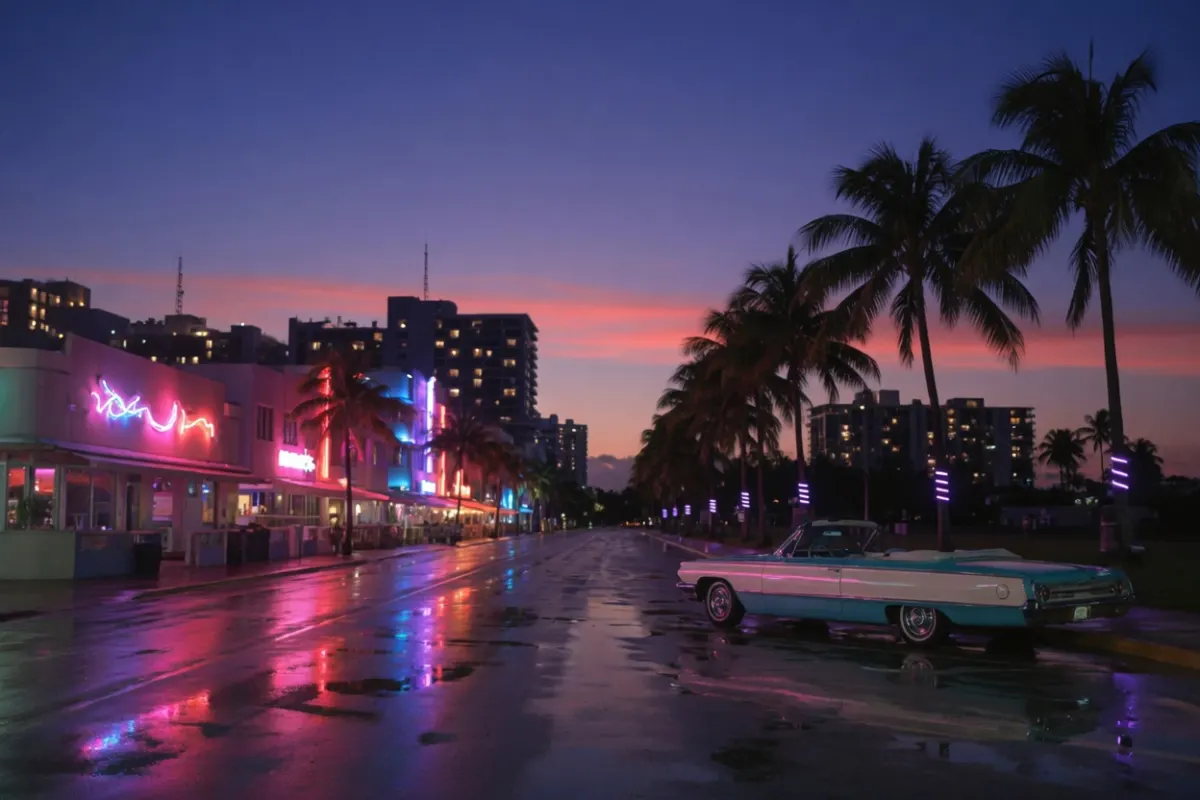 A neon-lit Miami-style boulevard at dusk with a vintage convertible and palm trees, pink and coral sky