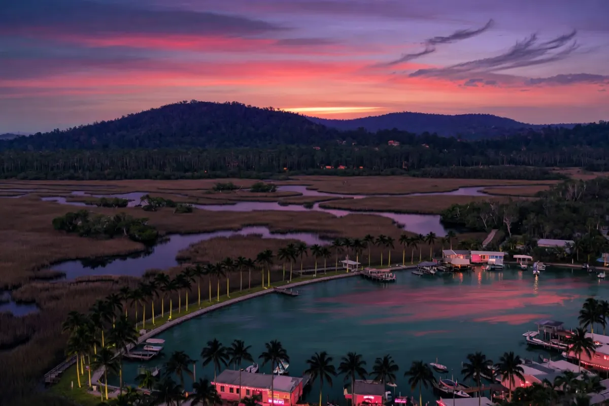 Dusk view of a fictional Florida-style coastline, wetland and forested ridge in indigo, violet and coral