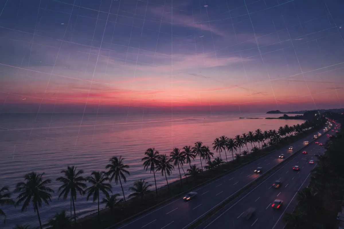 Wide dusk panorama of a fictional coastline and a long highway fading to the horizon, in indigo and coral