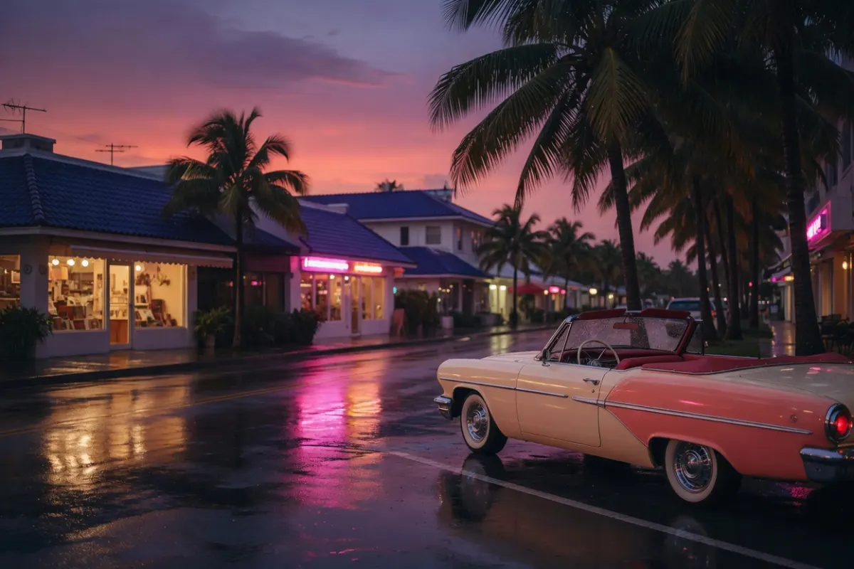 A vintage convertible parked under palm trees on a neon-lit street at dusk