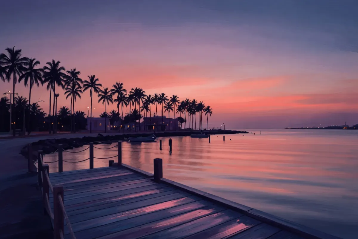A dusk harbour scene over a calm bay with palm silhouettes and a pink and coral sky
