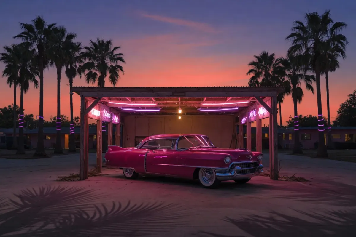 A classic car parked in a palm-lined garage at dusk, lit by neon