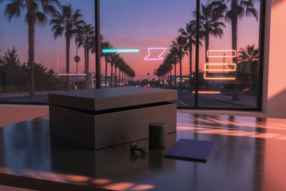 A collector's box with a palm-lined dusk street glowing behind it