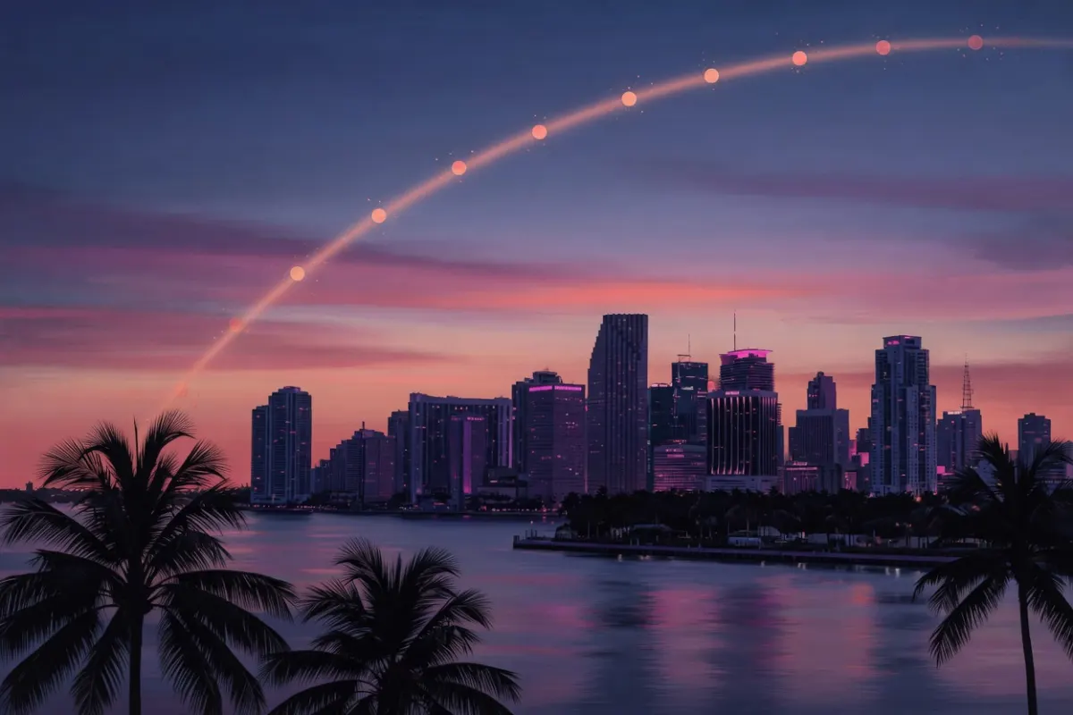 A timeline of glowing dots over a Miami-style skyline at dusk, indigo and coral sky, palm silhouettes, no people, no text, no logos